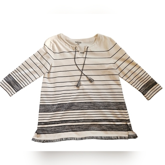 T by Talbots stripe tassel split neck cotton blend tunic top size MP - Picture 2 of 9